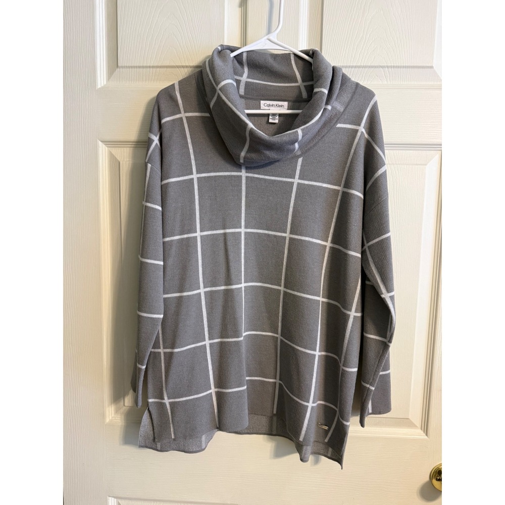 Calvin Klein Womens Grey White Windowpane Plaid Cowl Neck Tunic Sweater Medium